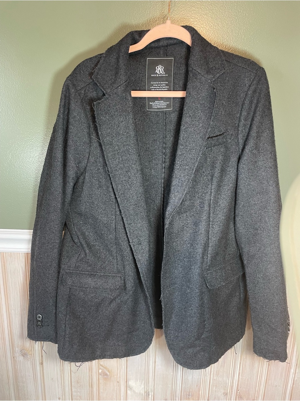 Rock & Republic Charcoal Gray Men's Raw Hem Distressed Wool Blend Blazer